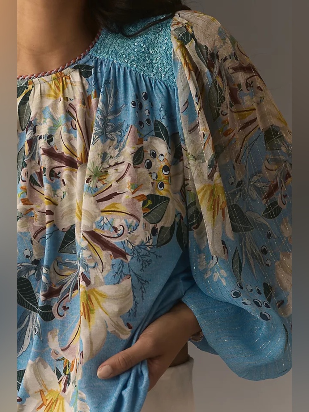 Blank London | Floral Pattern Top w Sequin Shoulders, XL NWT